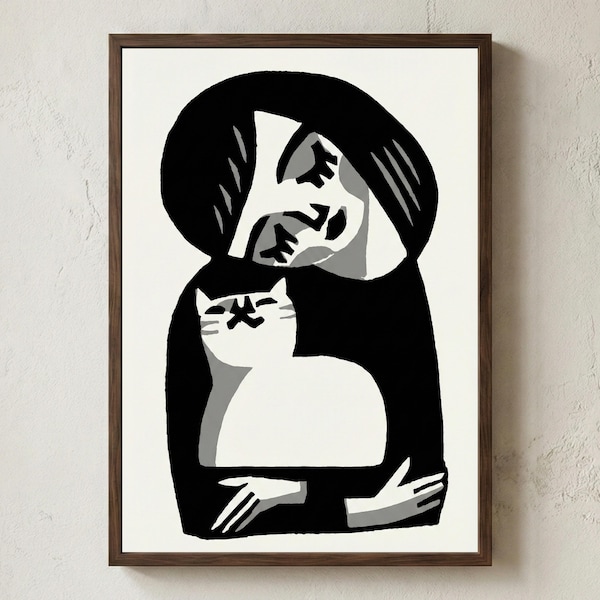 Woman and Cat Print: Minimalist Black & White Figurative Wall Art, Paper Cut Style Poster