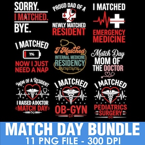 May include: A collection of medical-themed graphics on a black background. Text includes phrases like "I MATCHED," "RESIDENT," and "EMERGENCY MEDICINE." The designs feature medical symbols such as stethoscopes and heart rate lines. The bottom text reads "MATCH DAY BUNDLE."