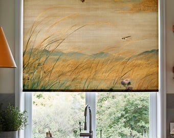 Vintage Meadow Floral Window Roller Blind, Golden Wildflower Window Shade, Blackout Nature Landscape Decor, Chinoiserie Art