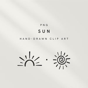 May include: Hand-drawn black sun clip art in PNG format. The image features two sun designs: one with a half-circle and rays, and another with a spiral center and rays. The word "SUN" is displayed in a bold font.
