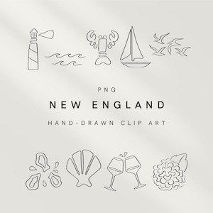 Puede incluir: Ilustraciones de clip art dibujadas a mano con temática de Nueva Inglaterra. Incluye un faro, olas, una langosta, un velero, gaviotas, ostras, una concha, copas de vino brindando y una flor. También se incluye el texto "NEW ENGLAND".