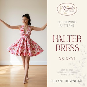 Può includere: Un abito a fascia rosa con motivo floreale e gonna svasata. L'abito presenta uno scollo a V profondo. L'immagine include il testo "Halter Dress" e "XS-XXXL". Si tratta di un modello di cucito PDF.