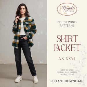 May include: A woman wearing a green, yellow, and gray plaid shirt jacket, black jeans, and white sneakers. The image includes text that reads "SHIRT JACKET" and "XS-XXXL". The jacket is part of a PDF sewing pattern.