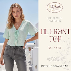 Puede incluir: Una blusa verde menta con lazo frontal, mangas cortas y detalles calados. La blusa se combina con vaqueros grises. El texto dice "TIE FRONT TOP" y "XS-XXXL". Es un patrón de costura PDF.