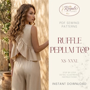 May include: A beige ruffle peplum top and matching trousers are shown. The top has a ruffled back detail. Text on the right side reads "Ruffle Peplum Top" and "XS-XXXL". The image also includes the text "PDF Sewing Patterns" and "Instant Download".