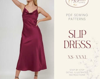 Patrón de vestido lencero, patrón de costura de vestido camisola, patrón de vestido de pijama en PDF, patrón de vestido mini corto para mujer, vestido de fiesta, vestido de noche