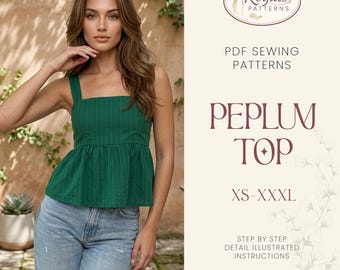 Naaipatroon peplos top, blouse met gestrikte voorkant, blouse patroon melkmeisje, blouse met pofmouwen, peplos top, patroon peplum blouse dames, patroon top