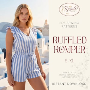 May include: A blue and white striped ruffled romper with a V-neck and drawstring waist. The image includes the text "RUFFLED ROMPER" and "S-XL" and "INSTANT DOWNLOAD". The romper is a PDF sewing pattern.