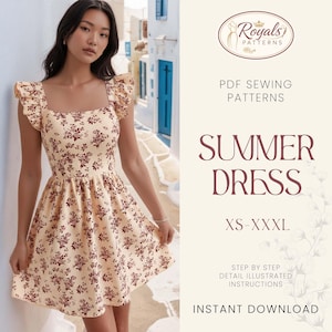 May include: A woman wearing a cream-colored summer dress with a floral pattern. The dress has a square neckline and ruffled sleeves. The image also includes text that says "SUMMER DRESS" and "PDF SEWING PATTERNS".