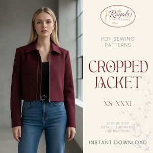 May include: A burgundy cropped jacket with a collar and a zipper closure, paired with blue jeans. The image includes text that reads "CROPPED JACKET" and "XS-XXXL". The jacket is part of a PDF sewing pattern.