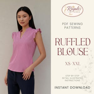 May include: A woman wearing a pink and white striped ruffled blouse. The blouse has a V-neck and ruffled sleeves. The image also includes text that says "RUFFLED BLOUSE" and "PDF SEWING PATTERNS".