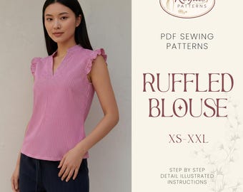 Naaipatroon blouse, XS-XXL, patroon top blouse pdf, patroon blouse met ruches, eenvoudig patroon, naaipatroon top, patroon damesblouse eenvoudig