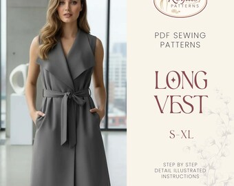 Long Vest Pattern, Sewing Pattern PDF, Women Vest Pattern, Long Vest pattern, Beginner sewing project, easy pattern, S-XL, PDF Pattern Vest
