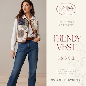 May include: A patchwork vest with a brown leather trim and button closure. The vest is worn over a white collared shirt and blue jeans. The image also includes text that says "TRENDY VEST" and "XS-XXXL".