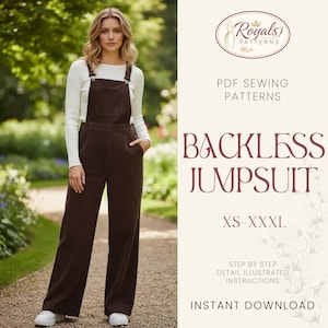 以下が含まれることがあります： 茶色のバックレスジャンプスーツと白い長袖シャツを着た女性。ジャンプスーツは調節可能なストラップとポケットが付いています。画像には「BACKLESS JUMPSUIT」と「XS-XXXL」という文字も含まれています。