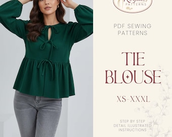 Patrón de blusa con lazo / Patrón de blusa de verano / Patrón de blusa / Patrón de costura para mujer / Patrón de blusa / Patrón de blusa fácil para principiantes Top con lazo delantero