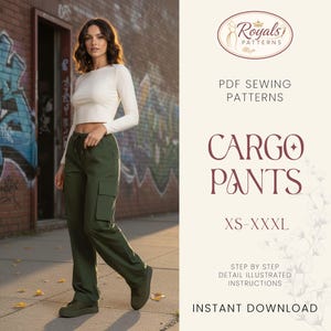 May include: A woman wearing olive green cargo pants and a cream-colored long-sleeve top. The pants have large pockets on the sides. The image also includes text that says "CARGO PANTS" and "XS-XXXL".