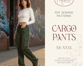 Women Wide Leg Cargo Pants PDF Sewing Pattern, Elastic Waist Plaid Utility Pants, Relaxed Fit Streetwear Trousers, Digital Download