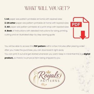 May include: A digital PDF pattern graphic with a red PDF icon and a list of what is included: A4 and US Letter paper sizes, AO paper size, and a book of instructions. The Royals Patterns logo is at the bottom.
