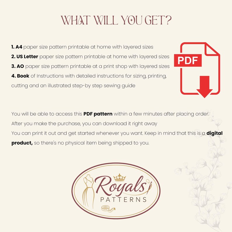 May include: A digital PDF pattern graphic with a red PDF icon and a list of what is included: A4 and US Letter paper sizes, AO paper size, and a book of instructions. The Royals Patterns logo is at the bottom.