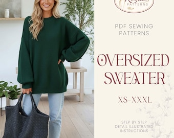 Patrón de costura de suéter extragrande para mujer, patrón de suéter para mujer, patrón de suéter con cremallera, patrón de costura para mujer, patrón de costura para principiantes