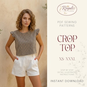 May include: A woman wearing a black and white checkered crop top with ruffled sleeves and white shorts. The image includes text that reads "PDF Sewing Patterns", "Crop Top", "XS-XXXL", and "Instant Download".