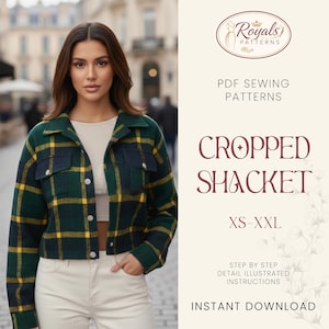 May include: A cropped shacket in a green, navy, and yellow plaid pattern. The jacket has two chest pockets and is buttoned up. The image also includes text that says "Royals Patterns" and "Cropped Shacket XS-XXL".