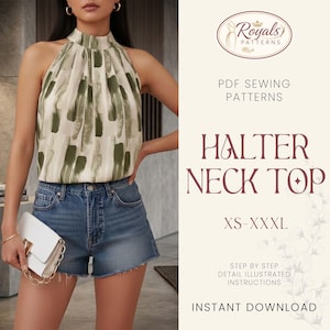 May include: A halter neck top with a cream background and olive green brushstroke design. The image also includes denim shorts and a white purse. Text on the image reads "Halter Neck Top" and "XS-XXXL". The image is for PDF sewing patterns.