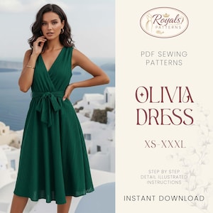 May include: A sleeveless, emerald green dress with a V-neck and tie waist. The dress is knee-length and pleated. Text on the right side reads "OLIVIA DRESS" and "XS-XXXL". The image also includes the text "PDF SEWING PATTERNS" and "INSTANT DOWNLOAD".