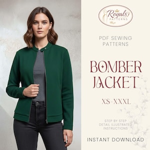 May include: A woman models a dark green bomber jacket with a zipper closure. The jacket is paired with a gray top and black jeans. Text on the right side reads "Bomber Jacket" and "XS-XXXL". The image also includes the text "PDF Sewing Patterns" and "Instant Download".