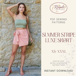 May include: A woman wearing a light green crop top and a pink and white striped skort. The skort has a wrap design with a bow. The image includes text that says "Royals Patterns", "Summer Stripe Luxe Skort", and "XS-XXXL".