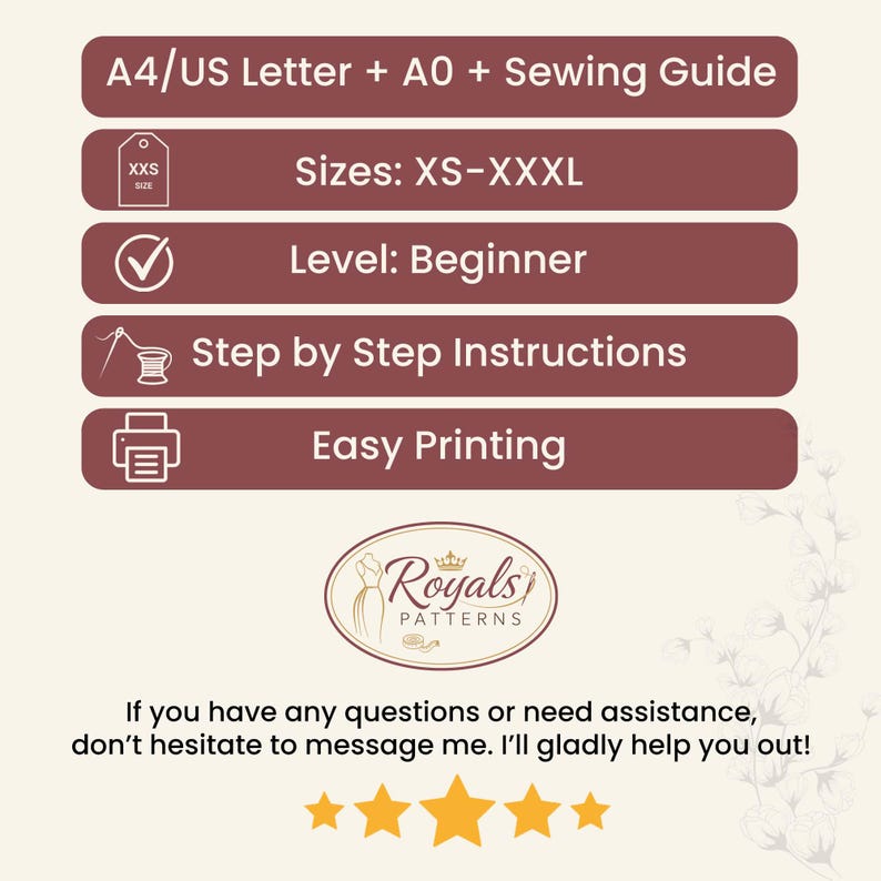 May include: A graphic with text indicating a sewing pattern includes A4/US Letter and A0 sizes, with sizes ranging from XS to XXXL. The pattern is labeled as beginner level with step-by-step instructions and easy printing. The logo for Royals Patterns is also included.