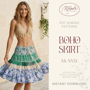 May include: A woman in a crochet top and a tiered boho skirt with green, white, and blue paisley patterns. The image includes text that says "BOHO SKIRT" and "XS-XXXL". Also, "PDF Sewing Patterns" and "Instant Download" are visible.