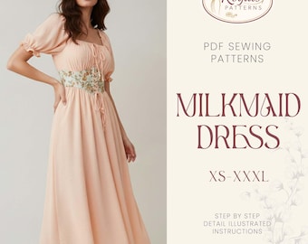 Milkmaid Dress Pattern | XS-XXXL | Dress Sewing Pattern | Cottagecore dress pattern | Prom Dress Pattern | Women Sewing Pattern | Maxi Dress