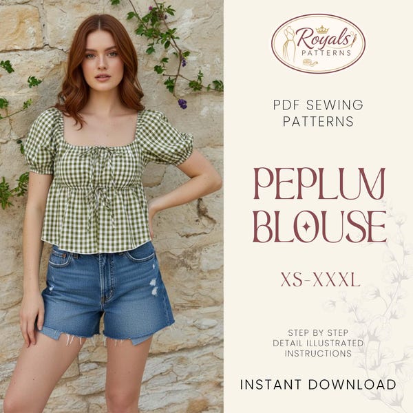 Naaipatroon peplos top, blouse met gestrikte voorkant, blouse patroon melkmeisje, blouse met pofmouwen, peplos top, patroon peplum blouse dames, patroon top