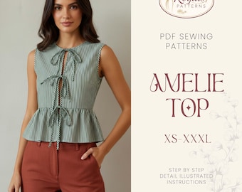Top Sewing Pattern | Women Sewing Pattern | Blouse Pattern | Front Tie Top Pattern | Sewing Patterns for Beginner Top | Peplum Top, Tank Top