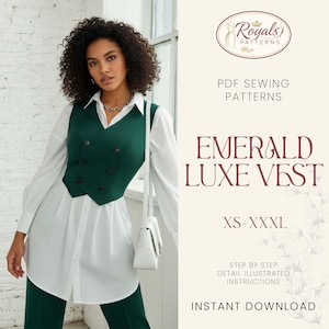 May include: A dark green vest with a double-breasted design, worn over a white shirt. The image also features text that reads "EMERALD LUXE VEST" and "XS-XXXL". The image is promoting PDF sewing patterns.