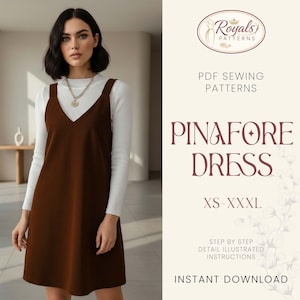 Puede incluir: Una mujer modela un vestido peto marrón con cuello en V, sobre una camiseta blanca de manga larga. El vestido tiene una textura de pana. El texto en la imagen dice "Royals Patterns" y "Pinafore Dress XS-XXXL".