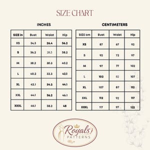 May include: A size chart with measurements in inches and centimeters. The chart includes bust, waist, and hip measurements for sizes XS to XXXL. The brand logo "Royals PATTERNS" is at the bottom.