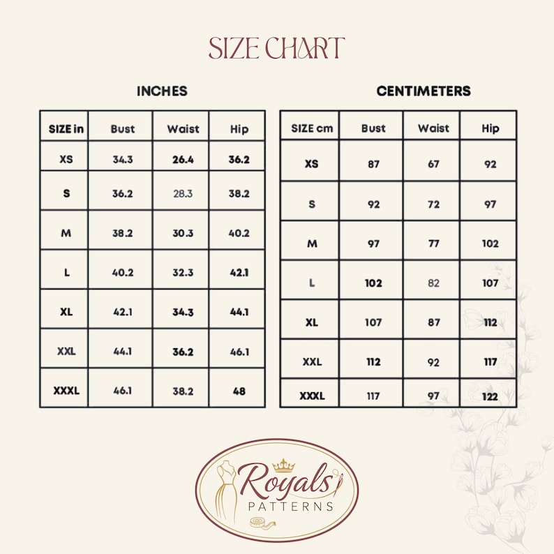 May include: A size chart with measurements in inches and centimeters. The chart includes bust, waist, and hip measurements for sizes XS to XXXL. The brand logo "Royals PATTERNS" is at the bottom.