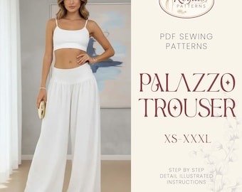 Patrón de costura para pantalones palazzo / Pantalones con cintura elástica / Pantalones de pierna ancha / Patrón de costura para mujer / Patrón de pantalones de talle alto / Pantalones de mujer