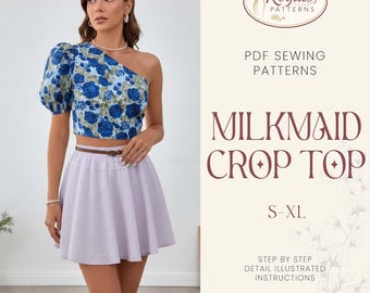 Patrón de costura de top corto Milkmaid para mujer (PDF), patrón de top, patrón Milkmaid, top con mangas abullonadas, patrón de costura para mujer (PDF), patrón de top de verano