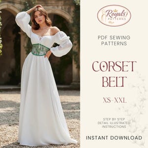 May include: A woman wearing a white off-the-shoulder dress with a green and white corset belt. The image includes text that reads "Royals Patterns", "PDF Sewing Patterns", "Corset Belt", "XS-XXL", and "Instant Download".