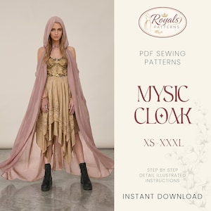 May include: A woman wearing a flowing, light pink hooded cape over a gold and beige dress. The image includes the text "MYSIC CLOAK" and "XS-XXXL" with the words "PDF SEWING PATTERNS" and "INSTANT DOWNLOAD".
