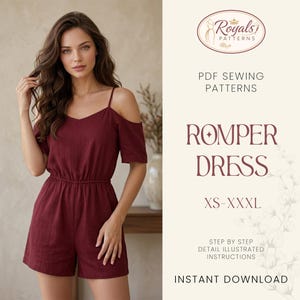Pode incluir: Um vestido de macacão bordô com decote em V e mangas com ombros frios. O vestido tem cintura franzida e shorts. A imagem inclui o texto "Royals Patterns" e "Romper Dress XS-XXXL".