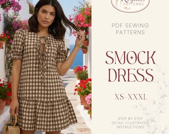 Patrón de vestido bata, patrón de costura de vestido de lechera, patrón de costura para mujer, patrón de vestido fácil, patrón de bata, patrón de vestido con mangas abullonadas