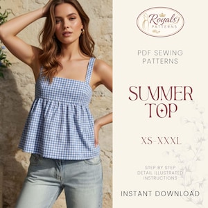 May include: A blue and white gingham summer top with square straps and a peplum hem. The image also includes text that reads "Royals Patterns", "Summer Top", and "XS-XXXL". The top is part of a PDF sewing pattern.