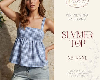 Tie Back Top Sewing Pattern, Women Sewing Pattern, Peplum Top Pattern, Sewing Patterns for Women, Summer Top, Tie Top, Blouse Top Pattern