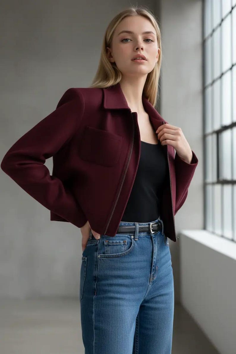 May include: A burgundy cropped jacket with a collared neckline and a front zipper. The jacket has a single pocket on the left side and is paired with a black top and blue jeans. A black belt is worn at the waist.
