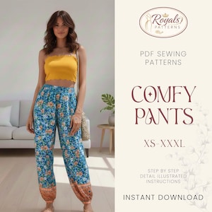 Könnte beinhalten: Eine Frau trägt ein gelbes Crop-Top und eine blaue Hose mit Blumenmuster und einem orangefarbenen Saum. Der Text im Bild lautet "Royals Patterns", "Comfy Pants" und "XS-XXXL". Es ist ein PDF-Schnittmuster.